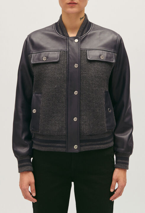 Dual-material leather and knitted jacket