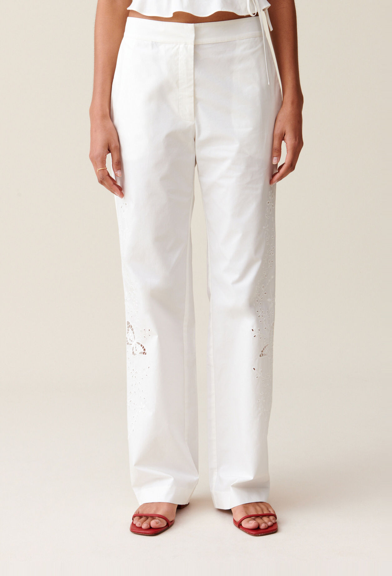 Ecru Straight-Leg Trousers Embroidery