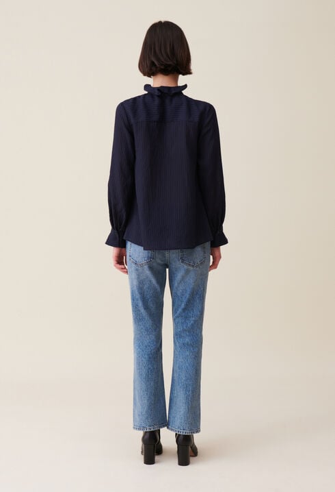Dark blue striped ruffled blouse