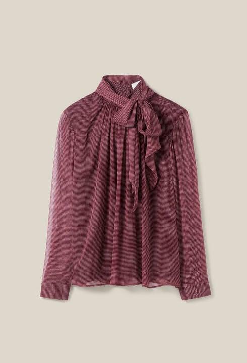 Fluid Check Tie-Neck Blouse