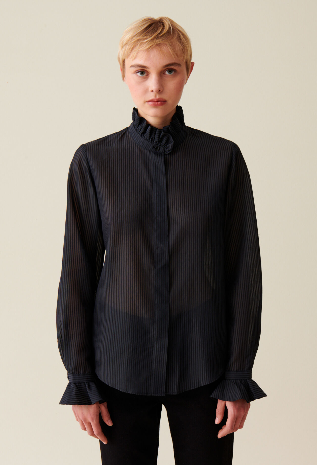 Flowy ruffle collar striped shirt