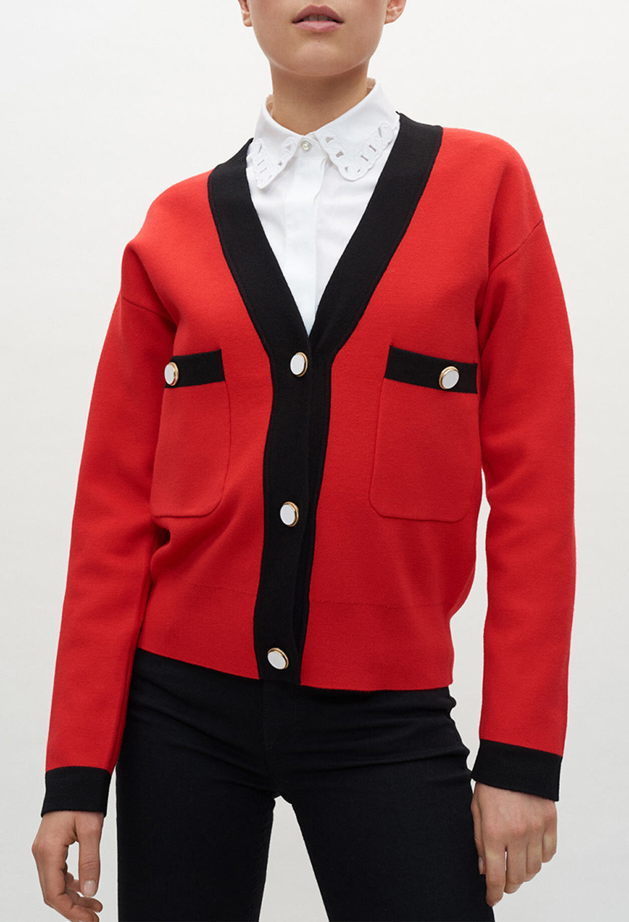 Red and black cardigan