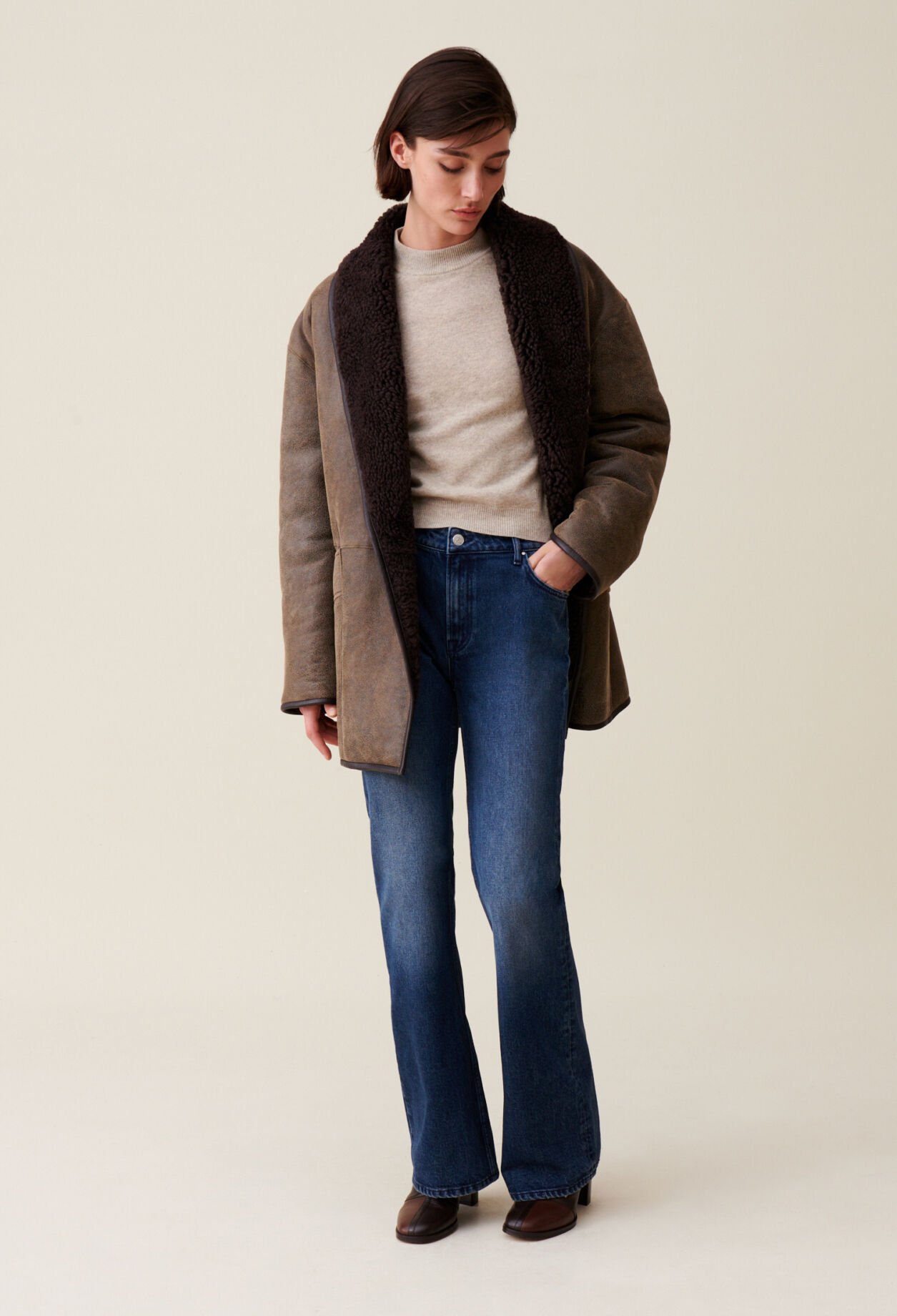 Taupe belted shearling jacket