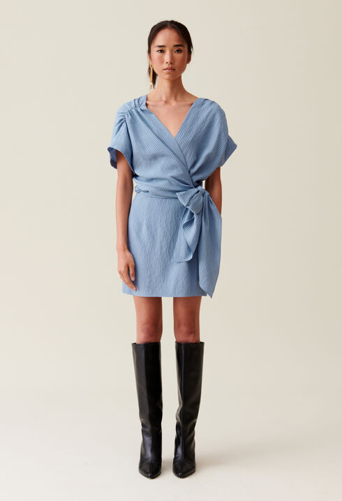 Blue stripe wrap mini dress