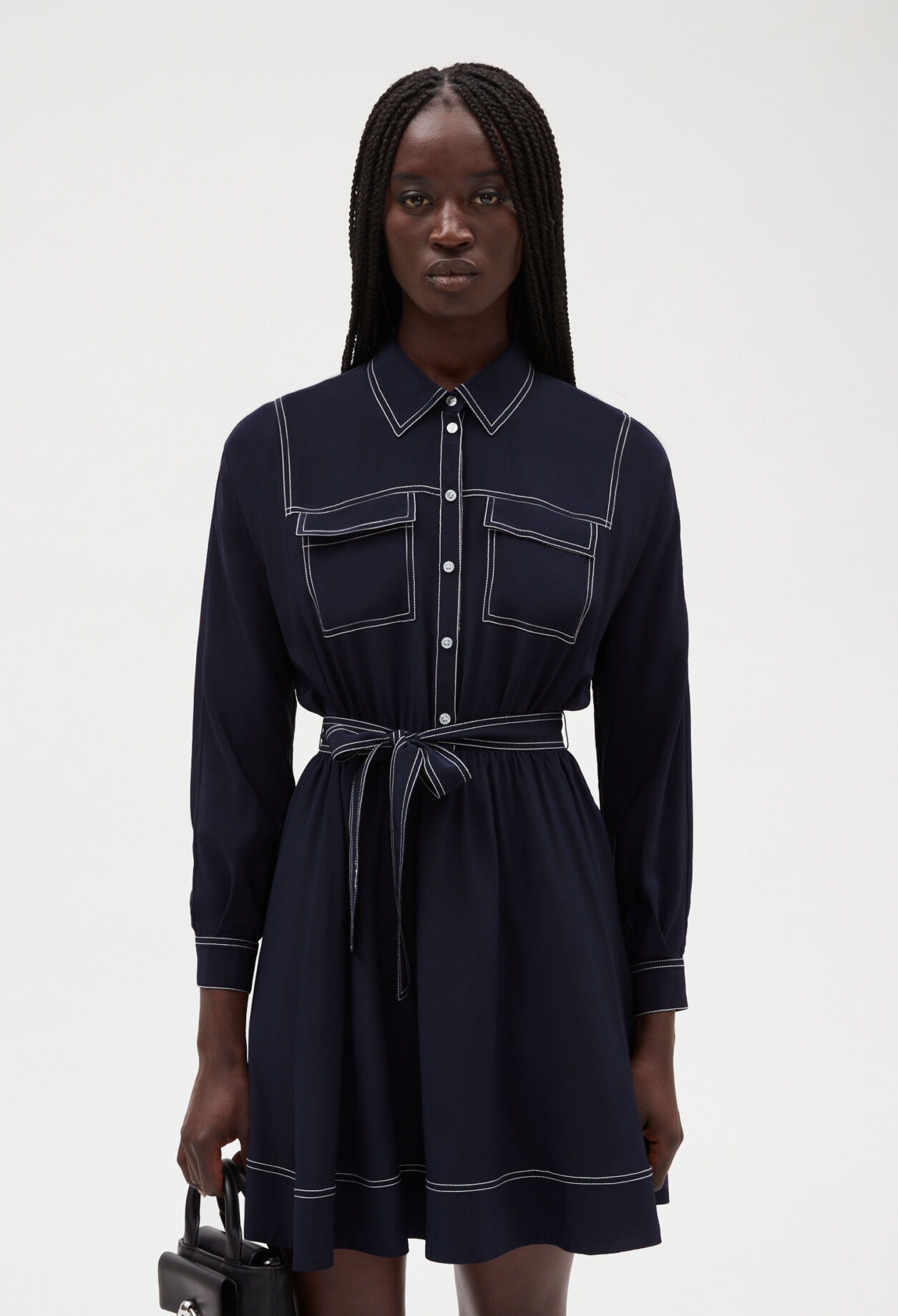 Blue silk long-sleeved short dress