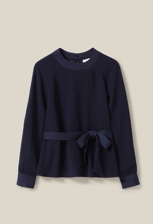 Navy belted flowy blouse