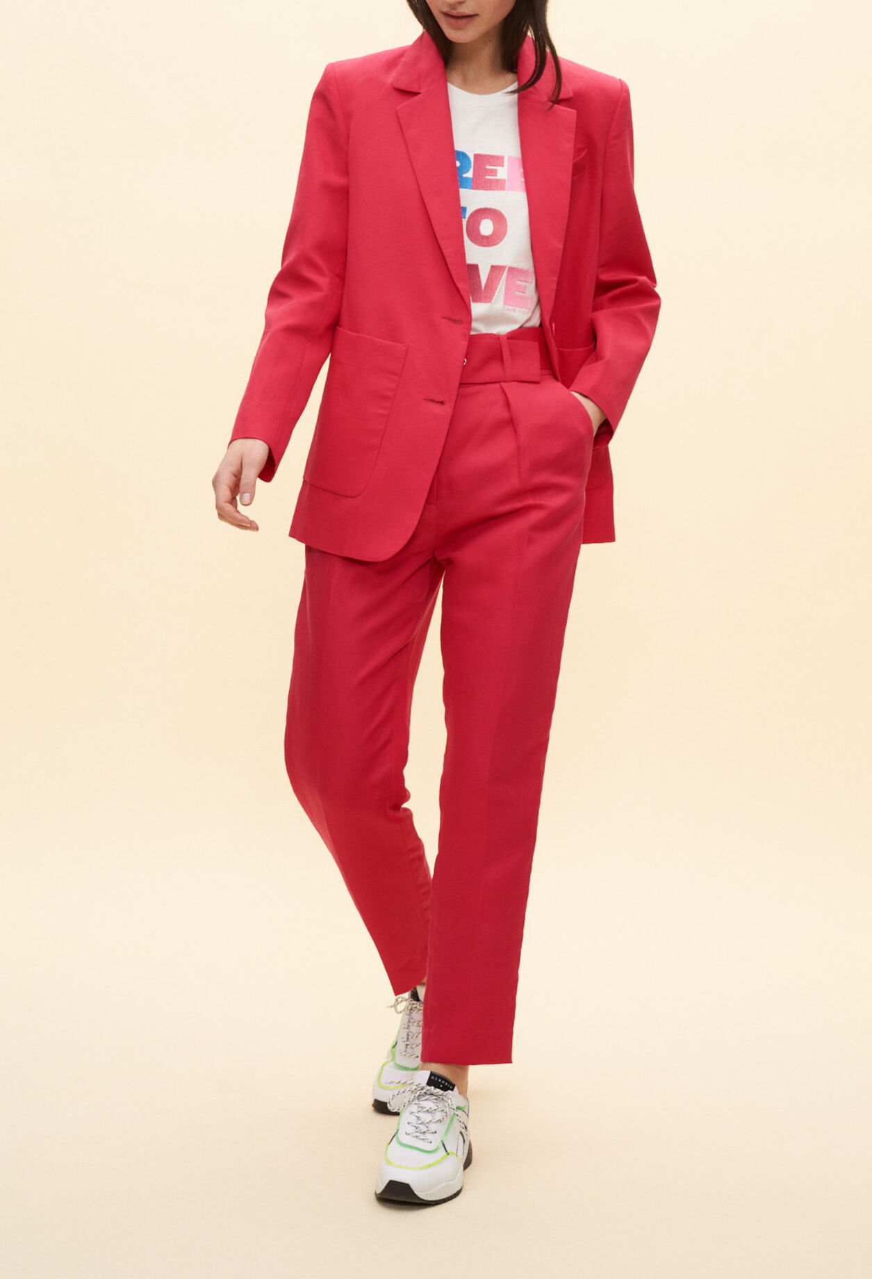 Fuchsia tailored-fit belted trousers