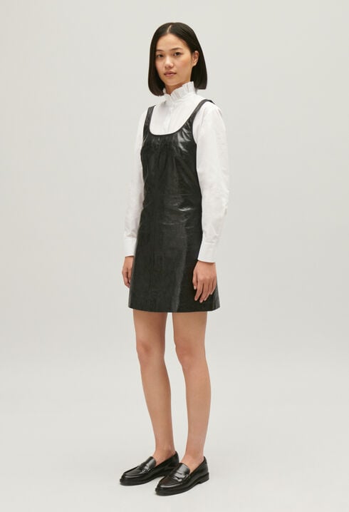 Short black leather tunic dress