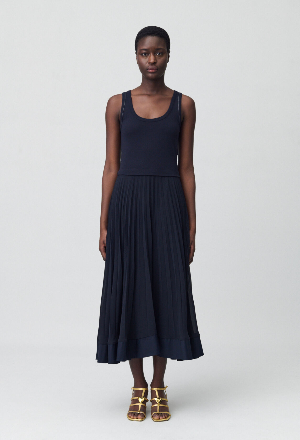 Navy blue long pleated dress
