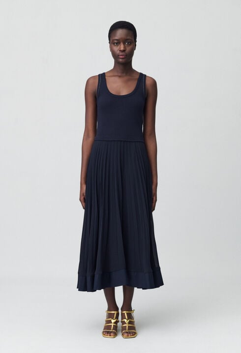 Navy blue long pleated dress