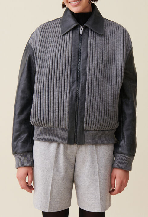 Grey mixed-material leather bomber