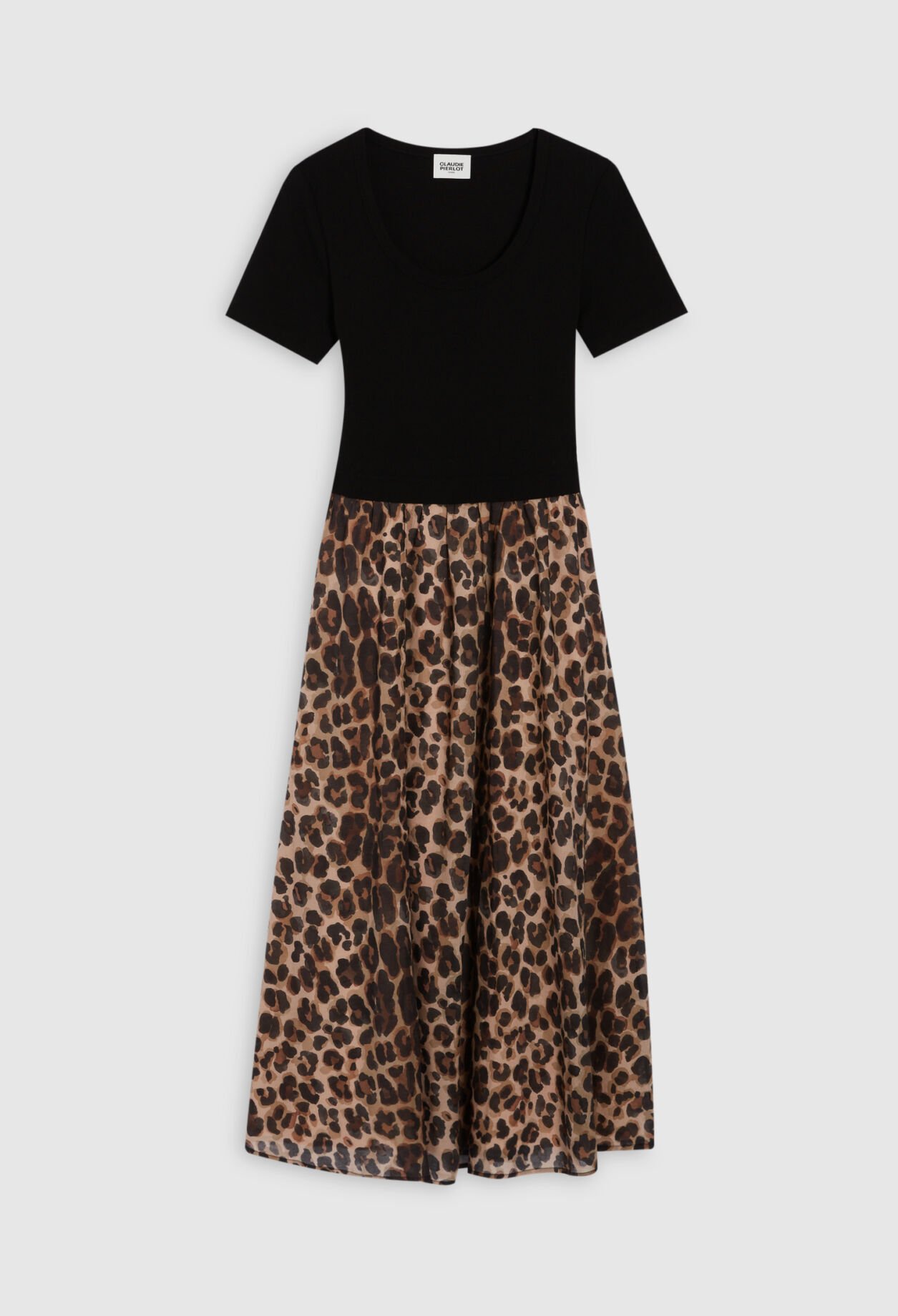 Bi-material leopard midi-dress