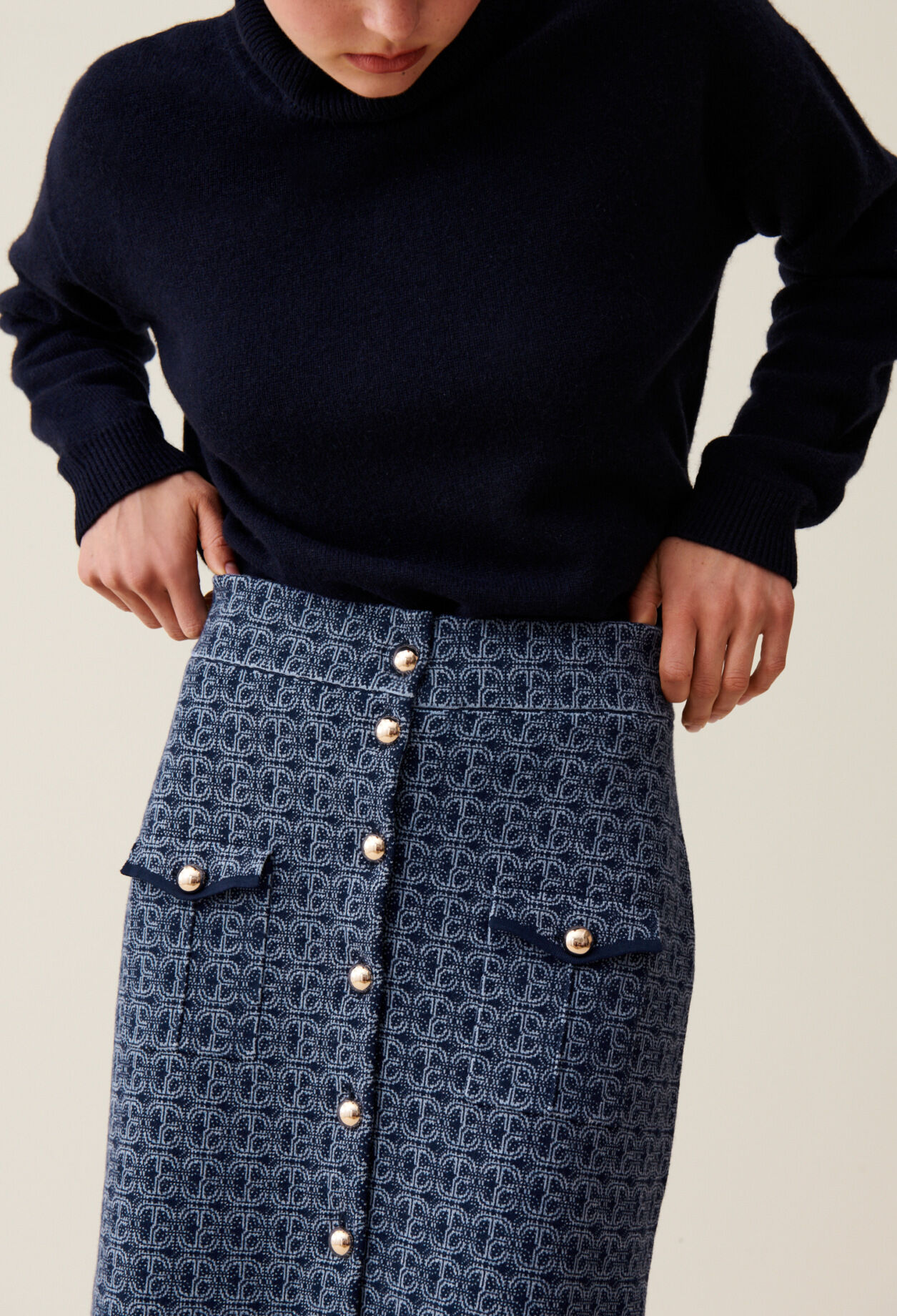 Navy high-waisted monogram skirt