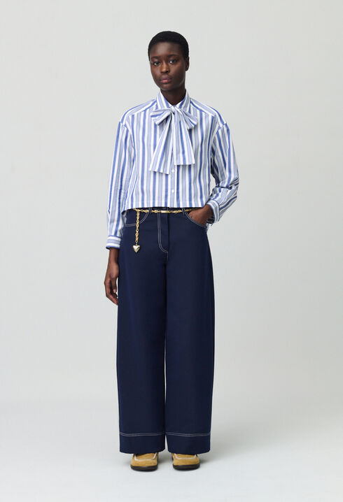 Striped shirt with bow collar