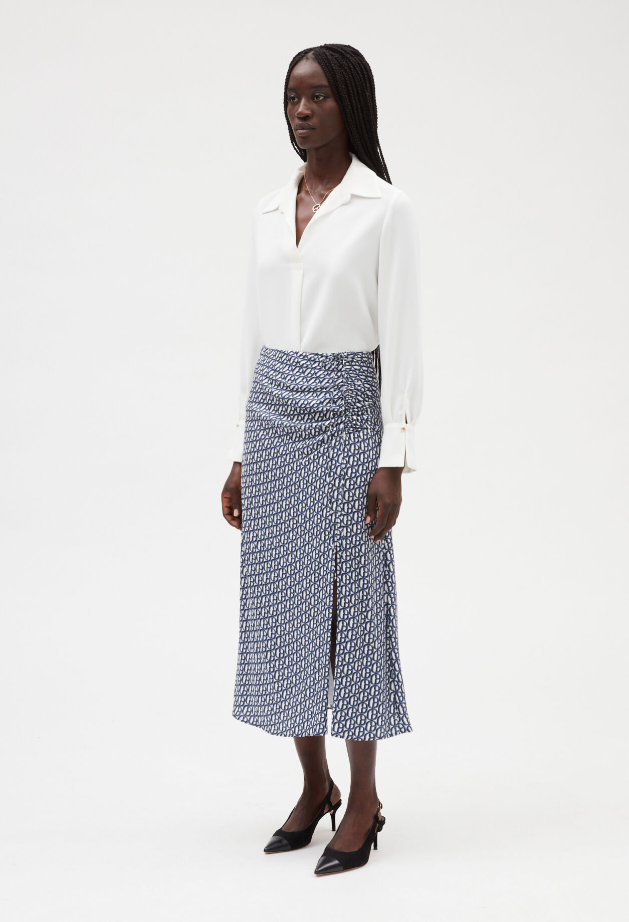 Monogrammed blue midi skirt
