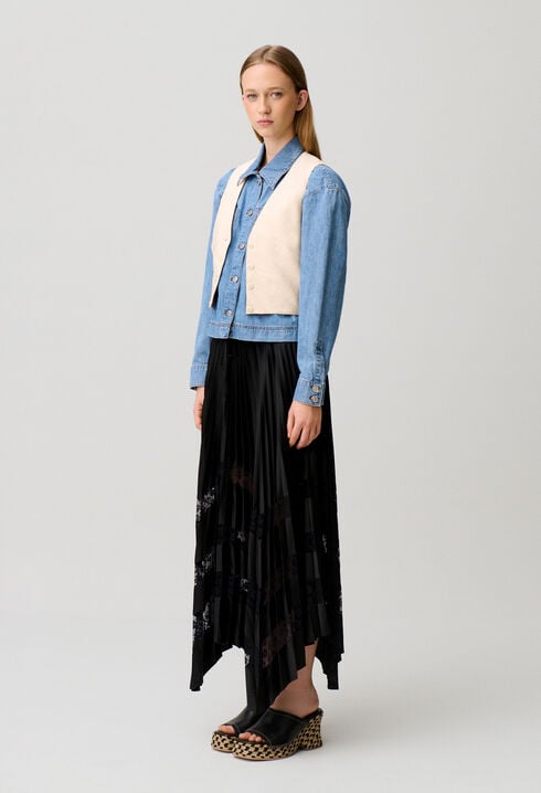 Pleated satin and lace skirt