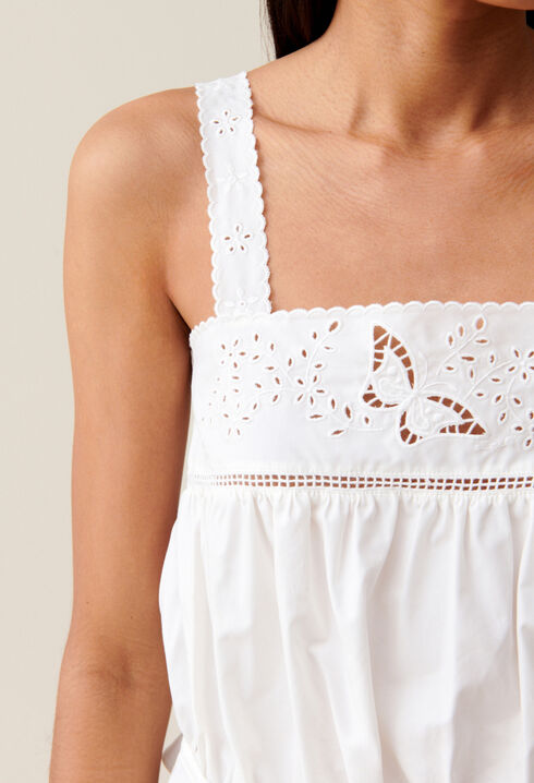 Square-neck embroidered ecru top