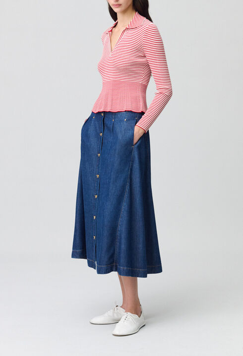 Striped frilled fine knit top