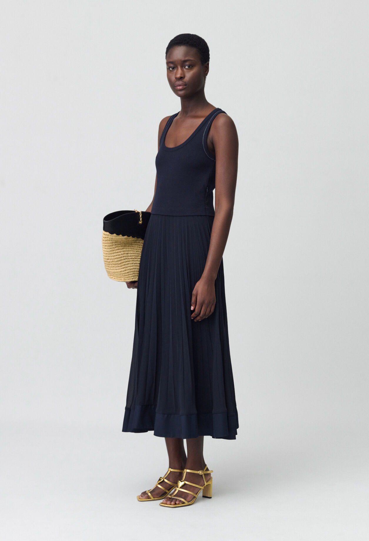 Navy blue long pleated dress