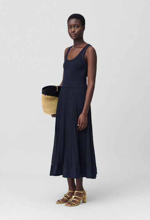 Navy blue long pleated dress