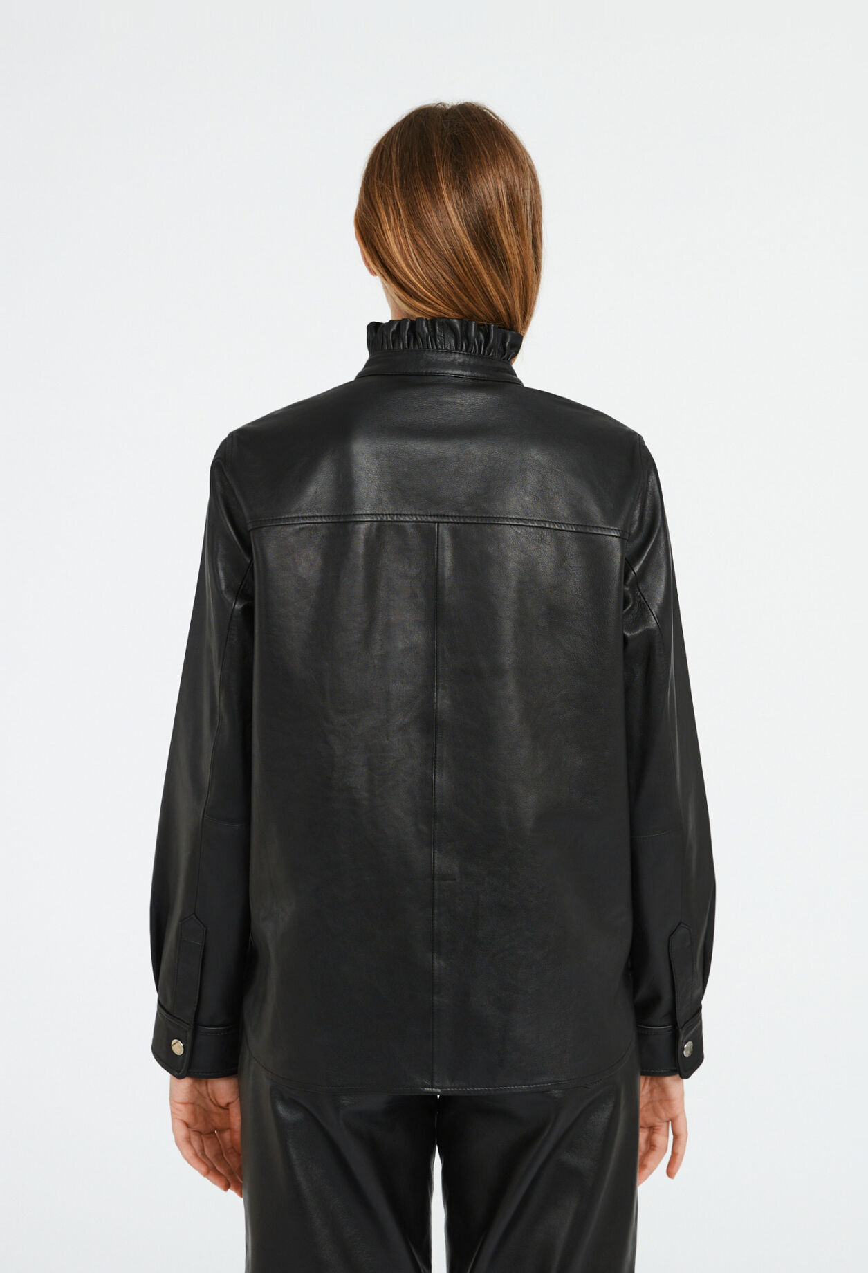 Leather shirt with ruffled collar