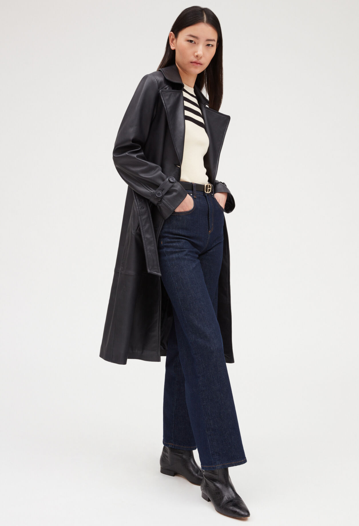 Smooth leather navy trench coat