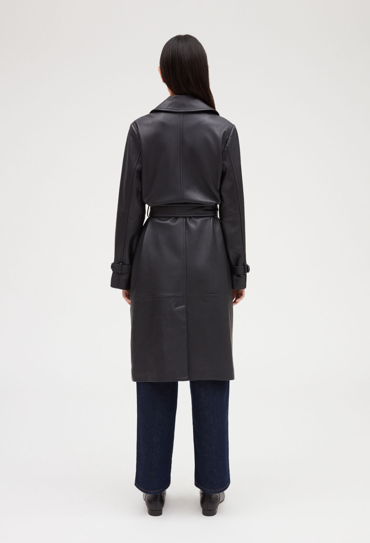 Smooth leather navy trench coat