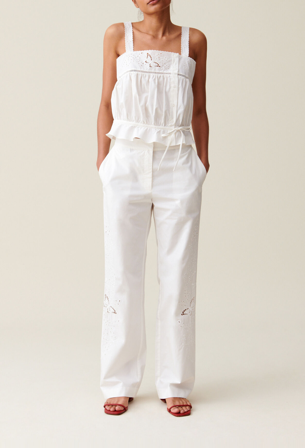 Ecru Straight-Leg Trousers Embroidery
