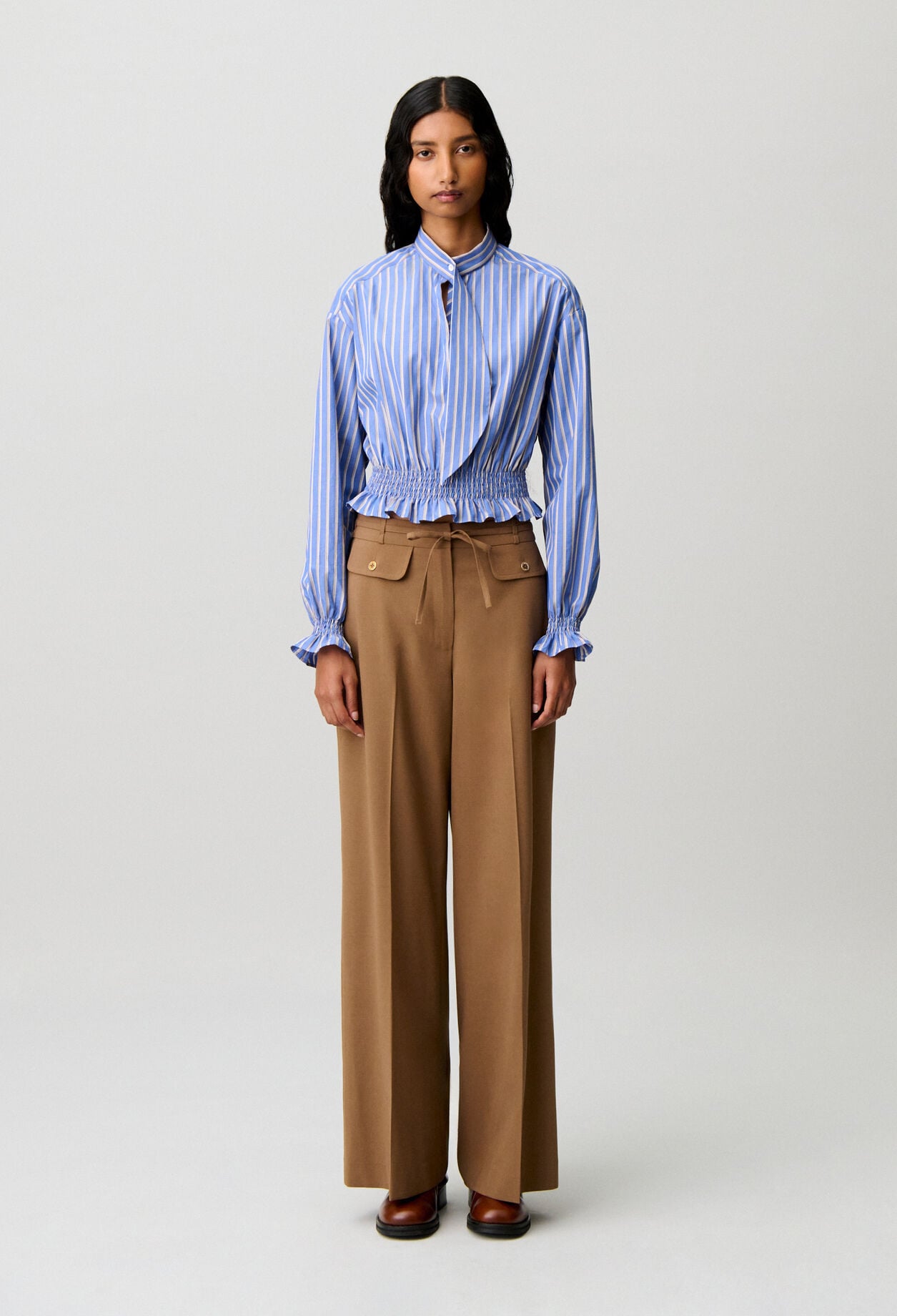 Striped poplin tie-neck top