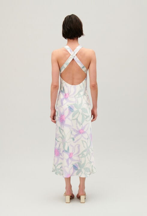 Long printed satin-effect dress