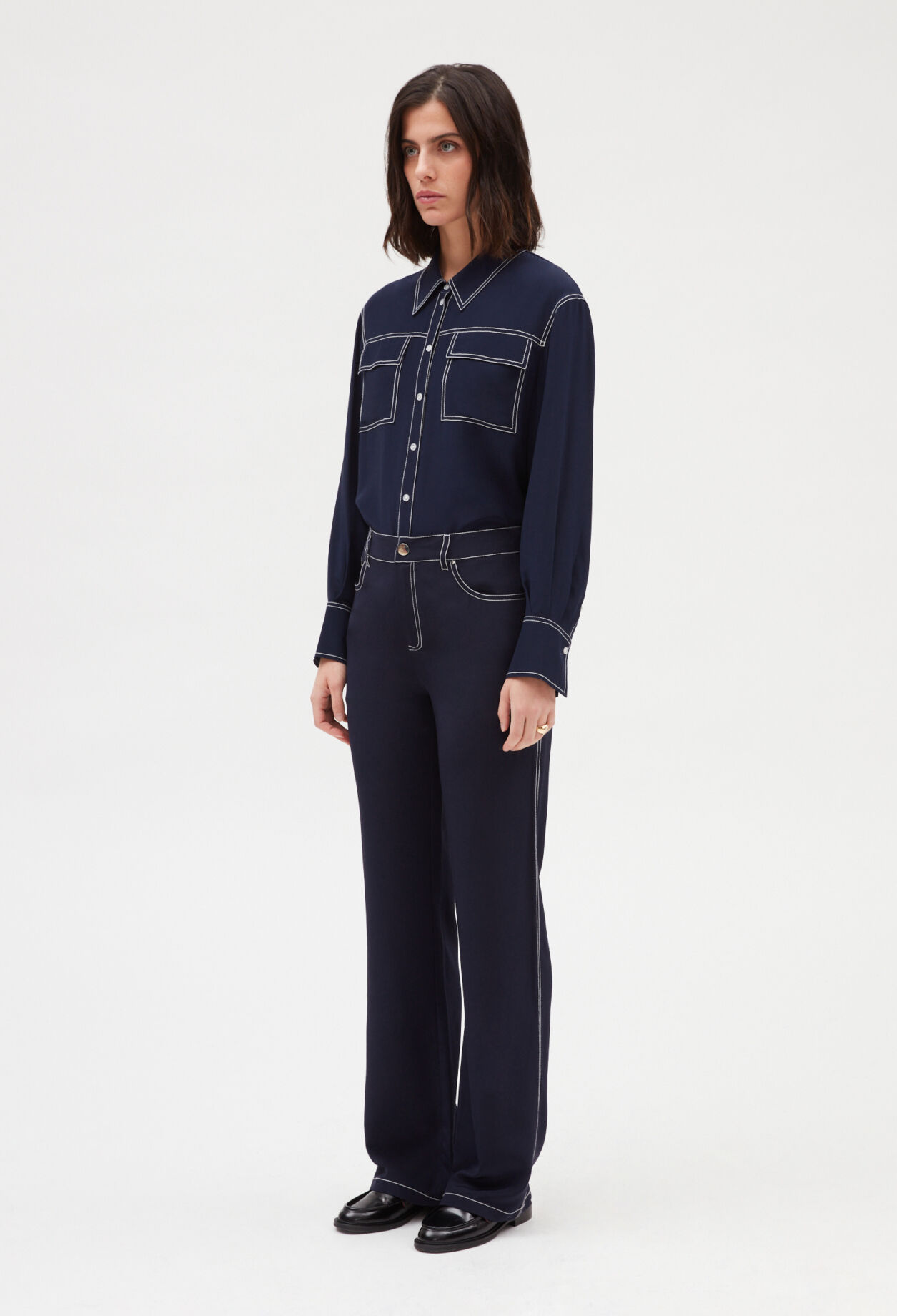 Blue silk long-sleeved shirt