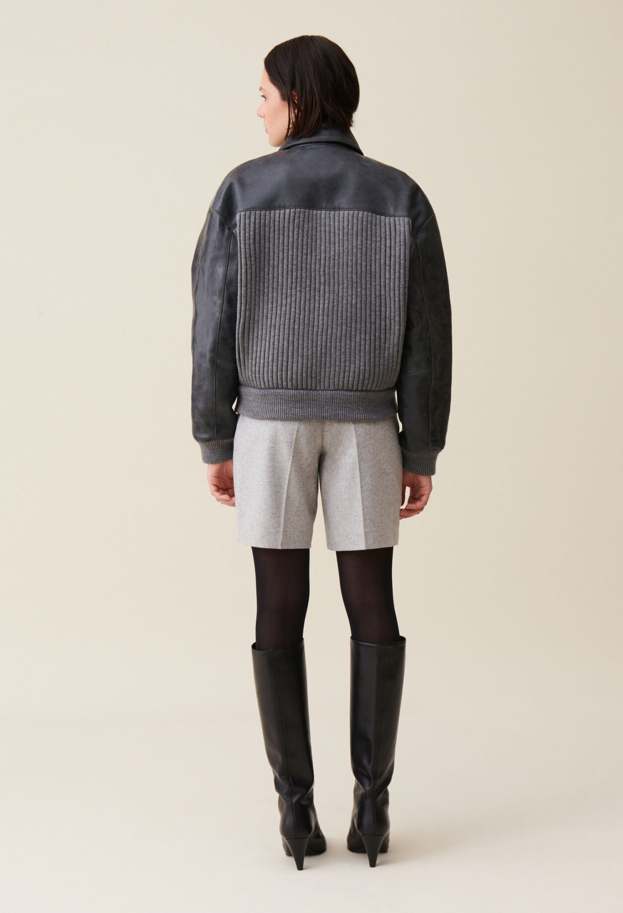 Grey mixed-material leather bomber