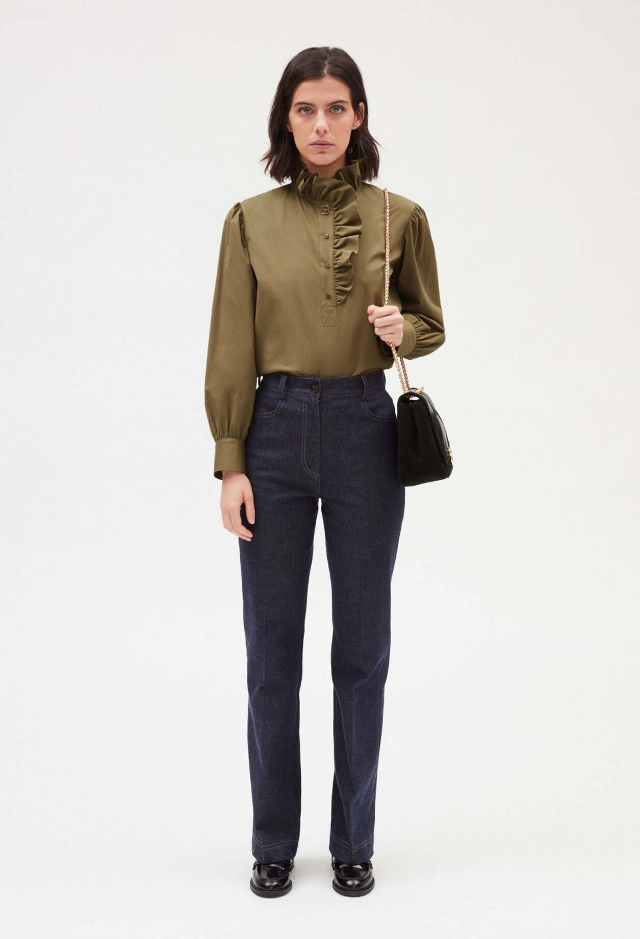 Khaki ruffle blouse