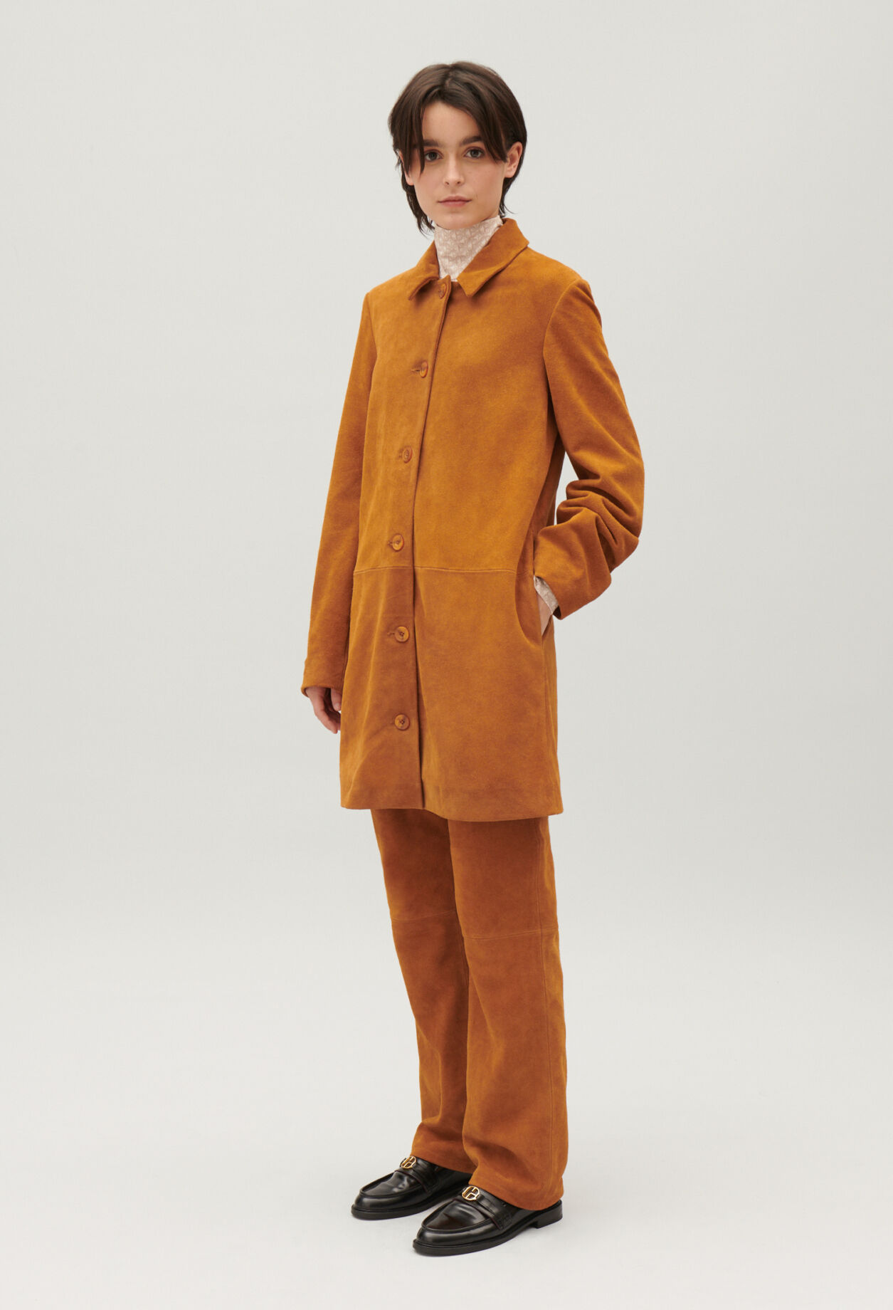 Dark beige straight suede leather coat