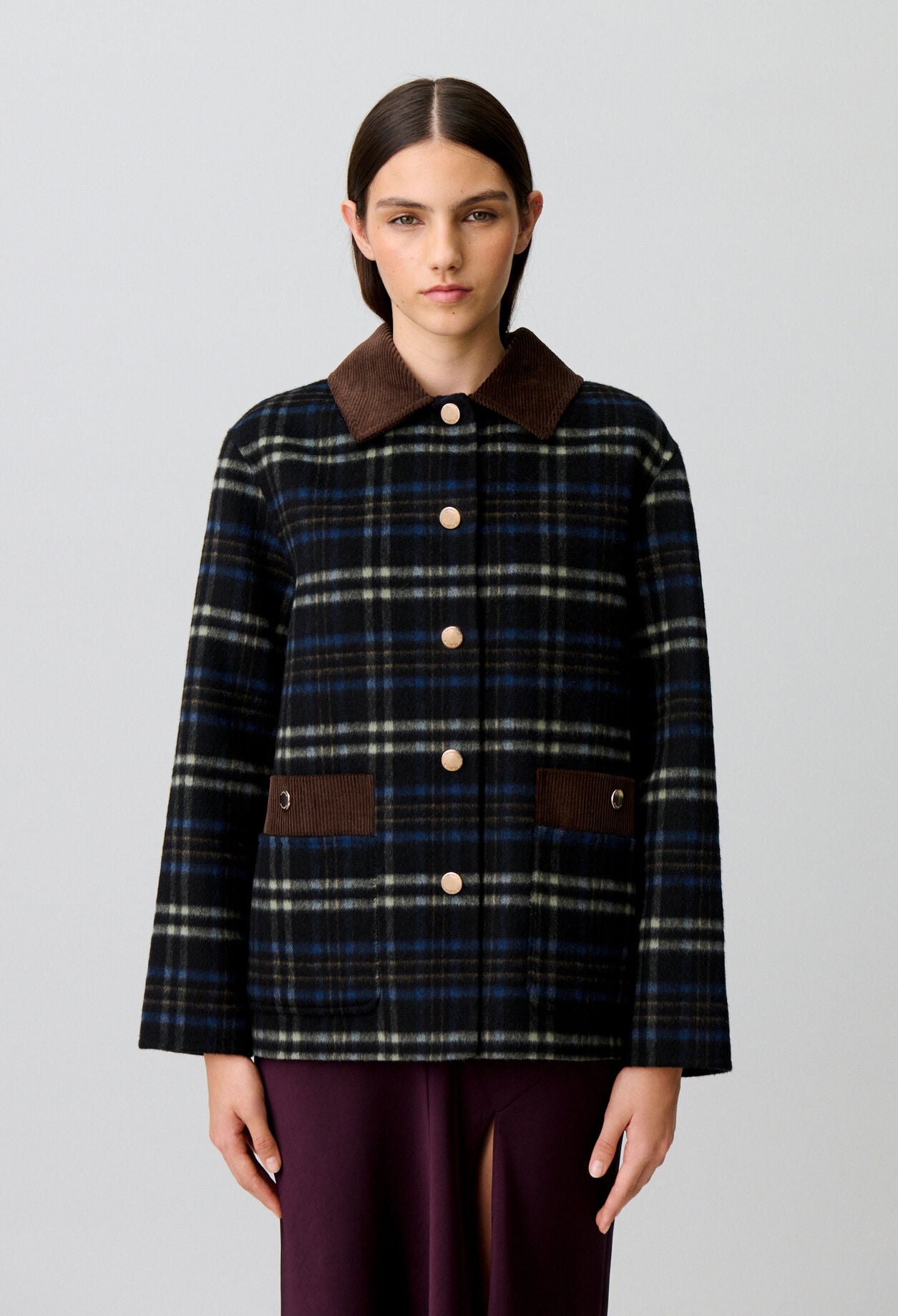 Checked wool blend coat