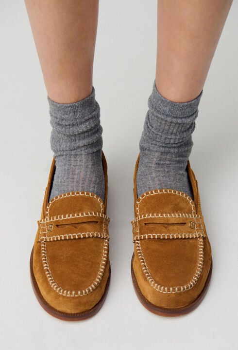 Suede mules with gold monogram