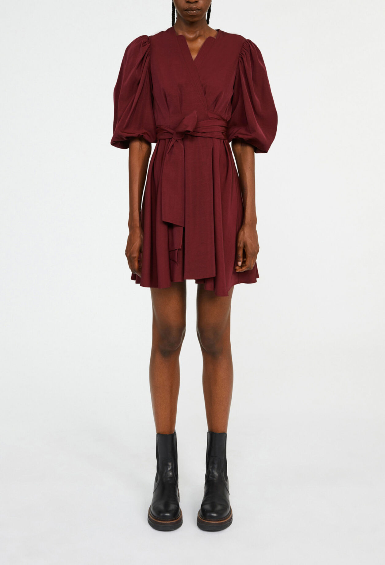 Short burgundy wrap dress