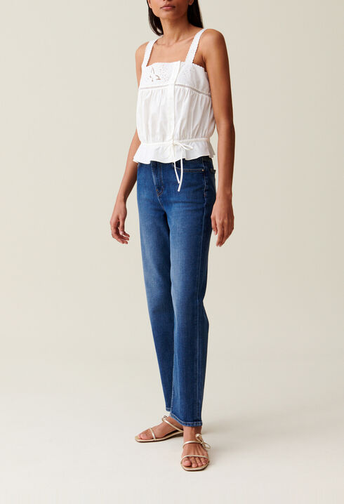 Square-neck embroidered ecru top