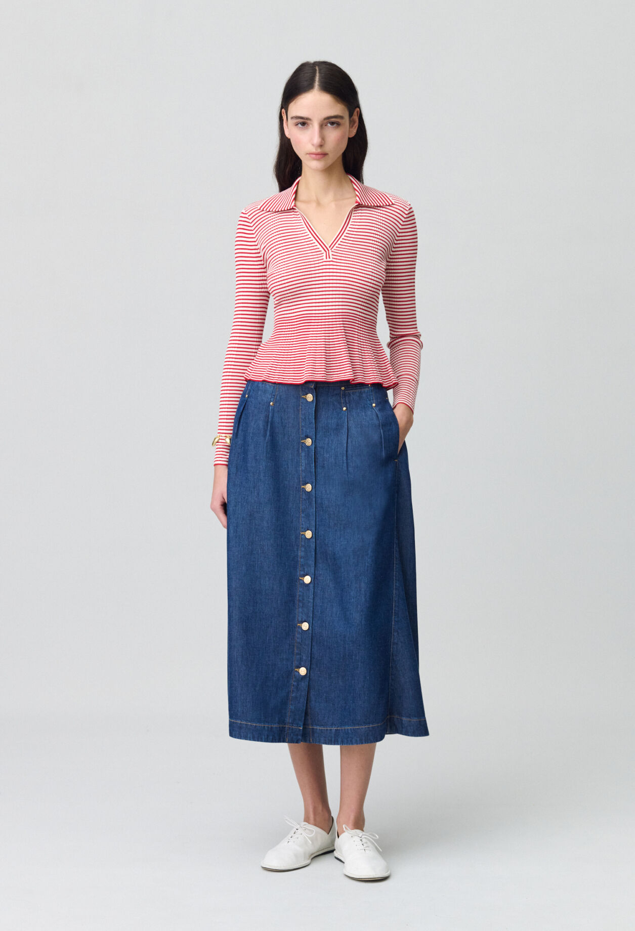 Striped frilled fine knit top