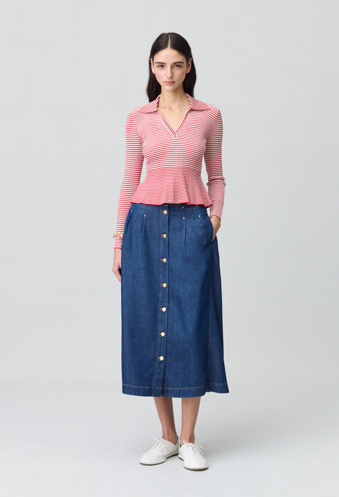 Striped frilled fine knit top