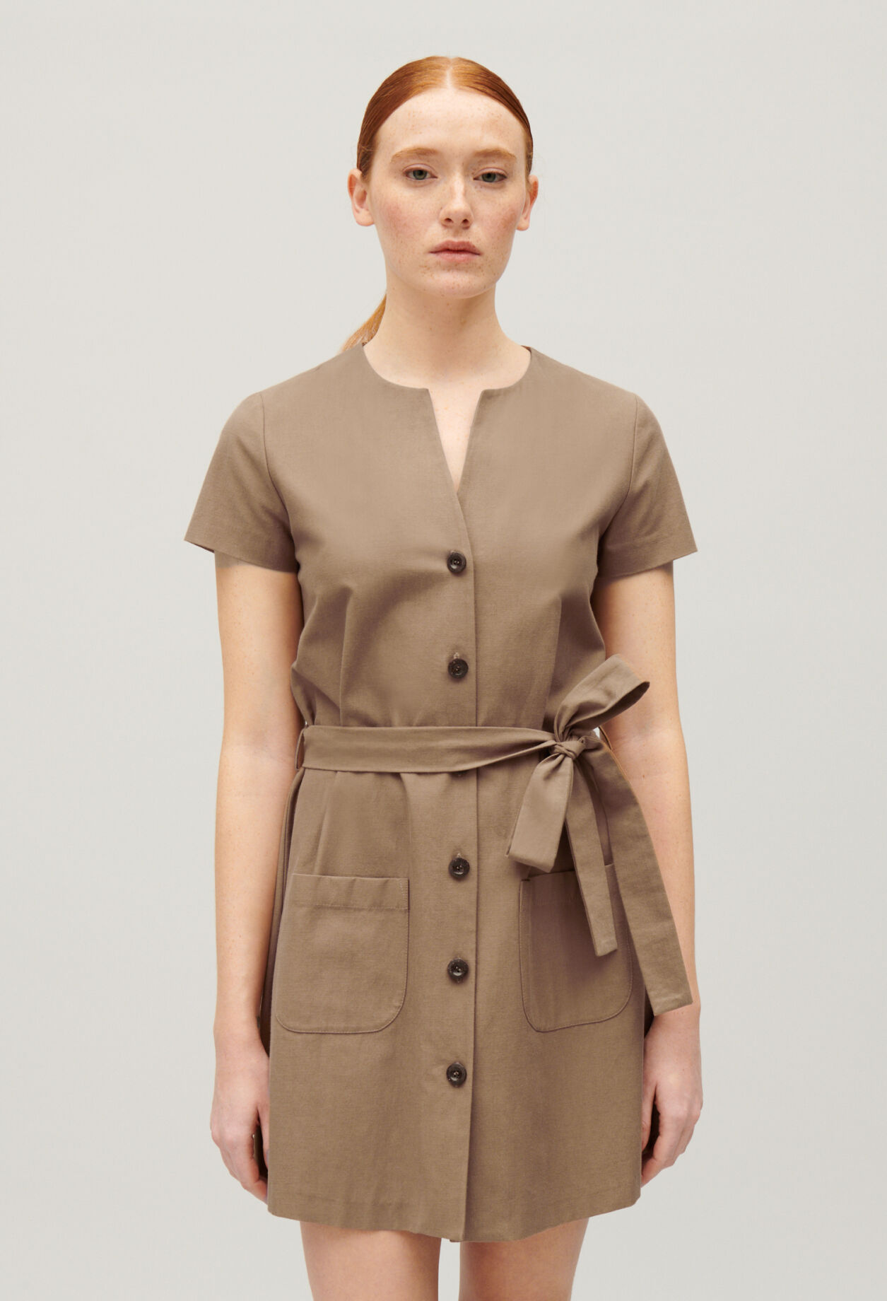 Short brown button-up dress