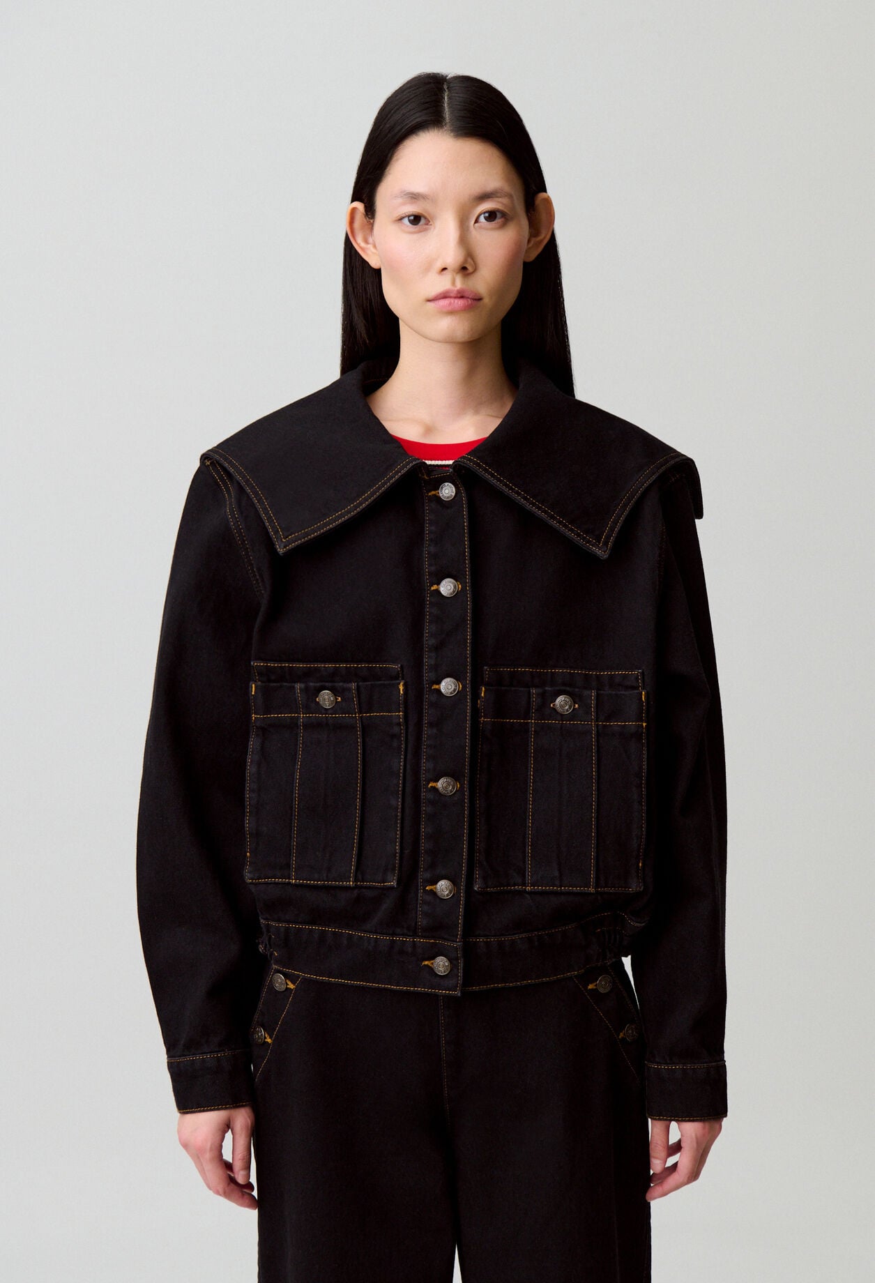 Black denim sailor collar jacket