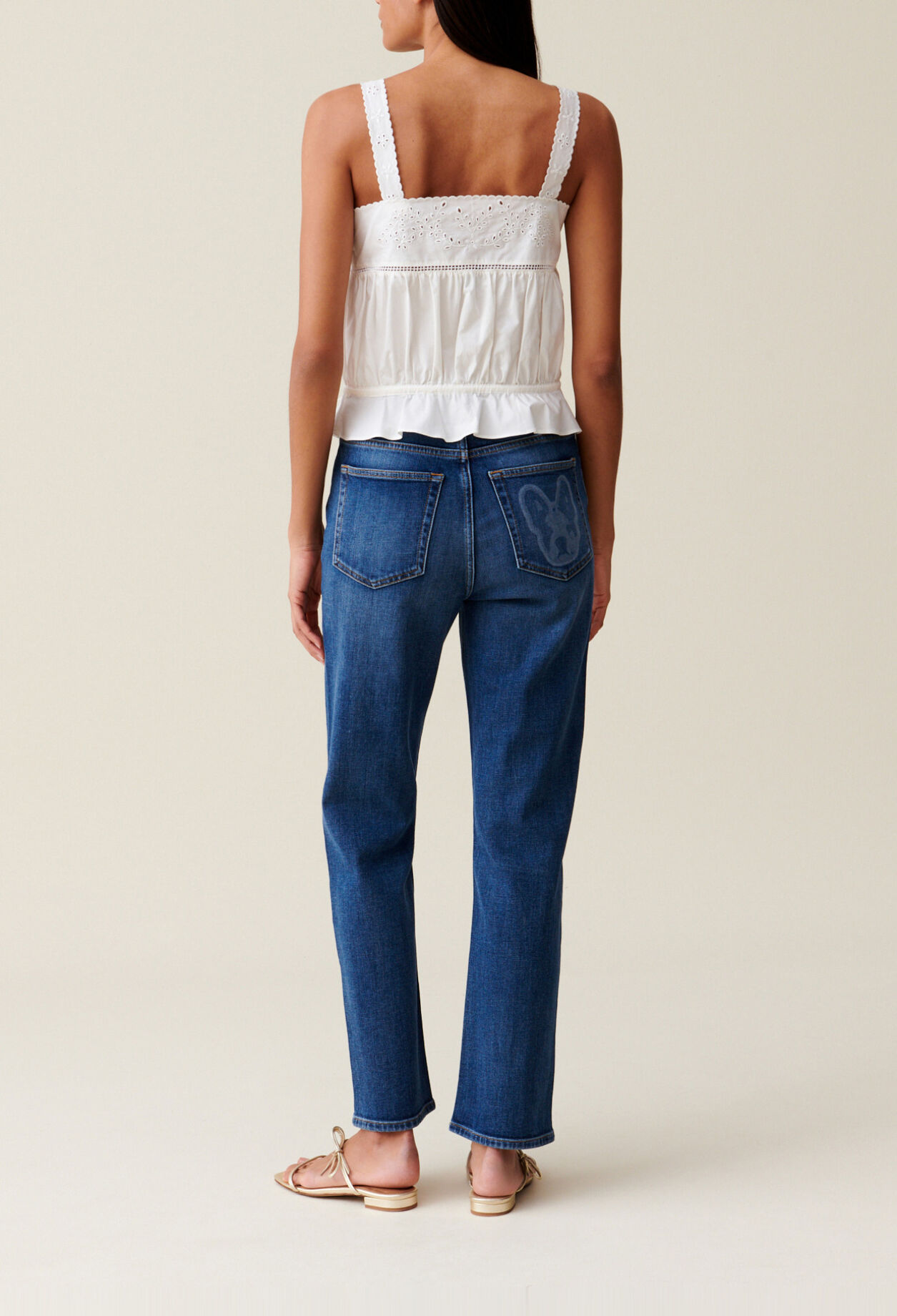 Square-neck embroidered ecru top