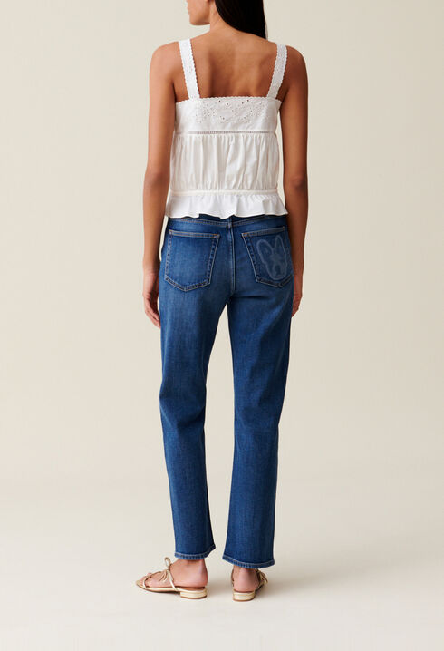 Square-neck embroidered ecru top