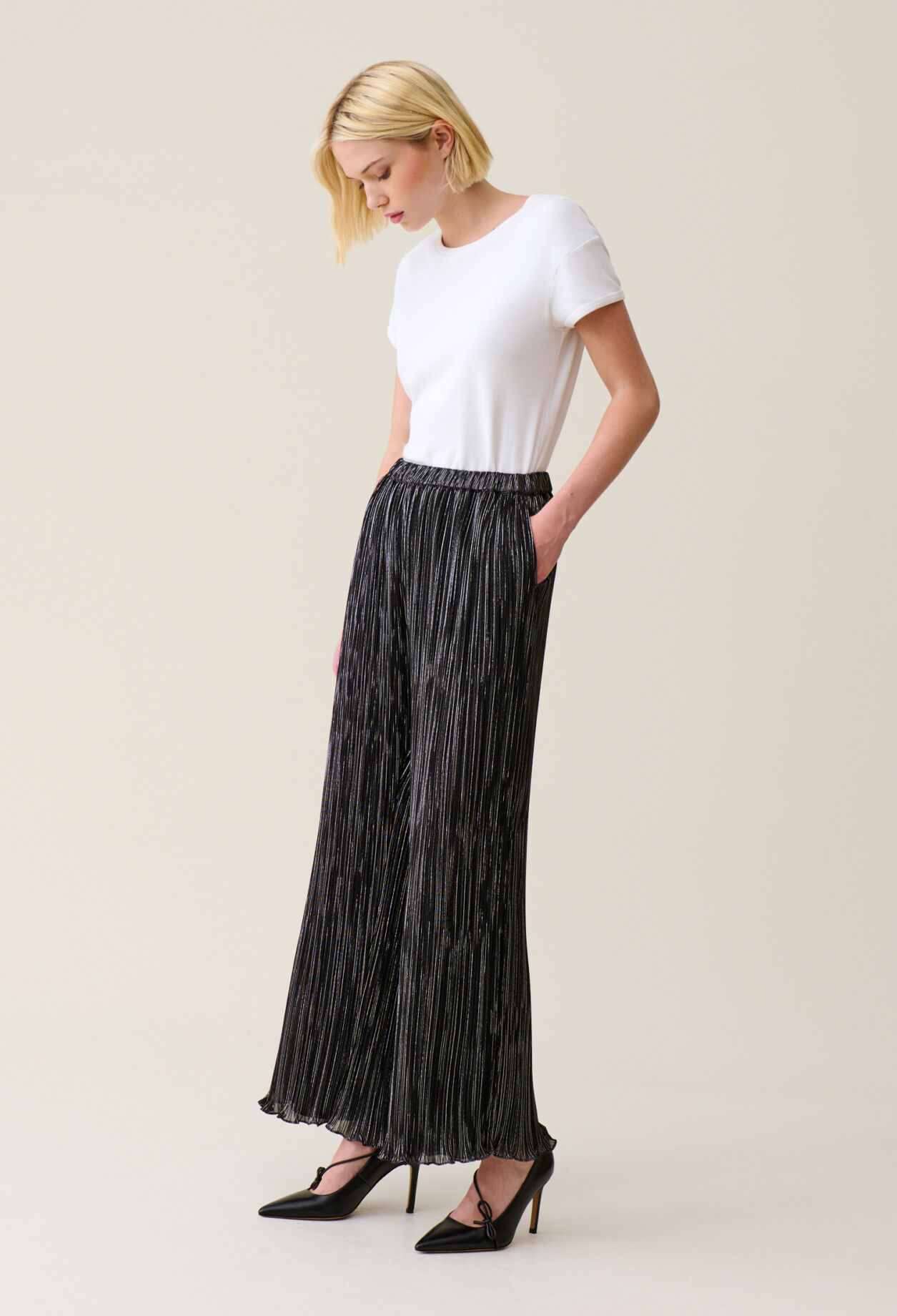 Silver pleated fluid trousers