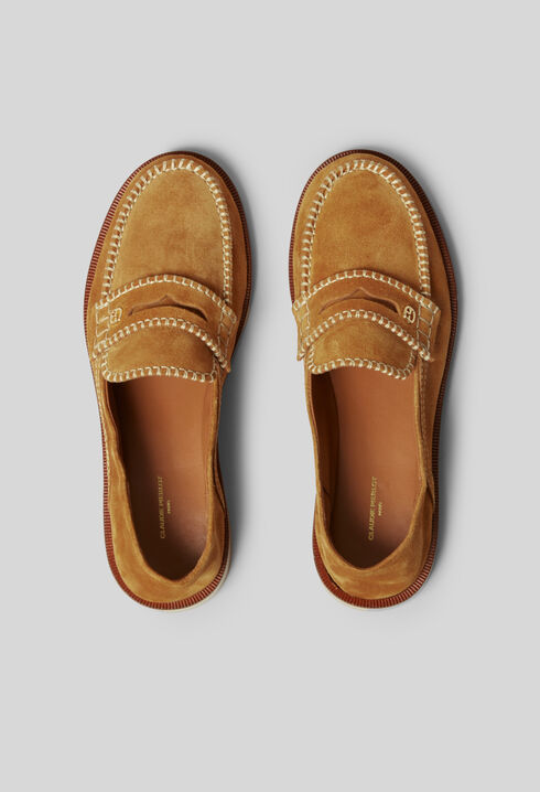 Suede mules with gold monogram