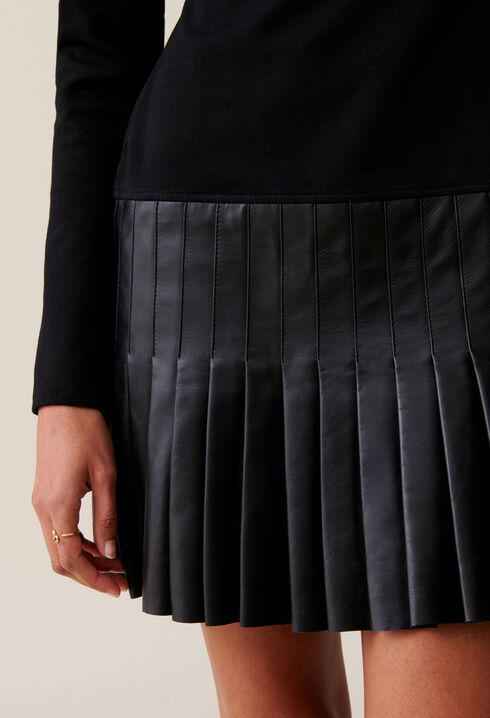 Bi-material leather black dress
