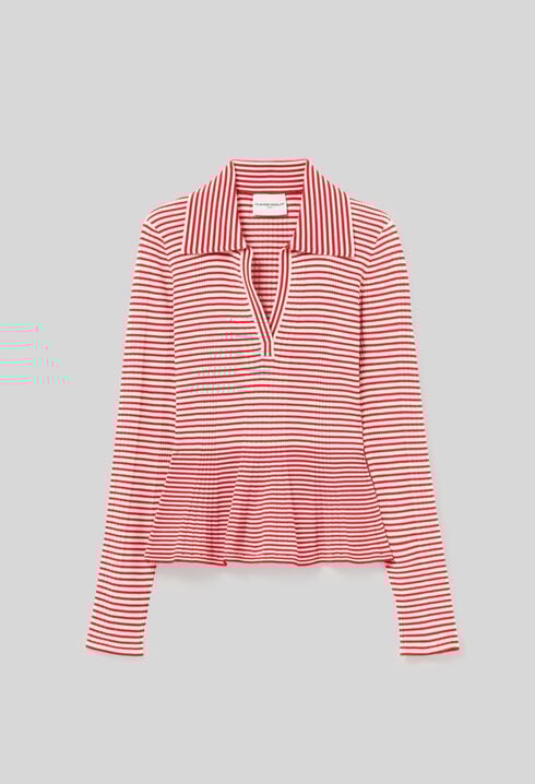 Striped frilled fine knit top