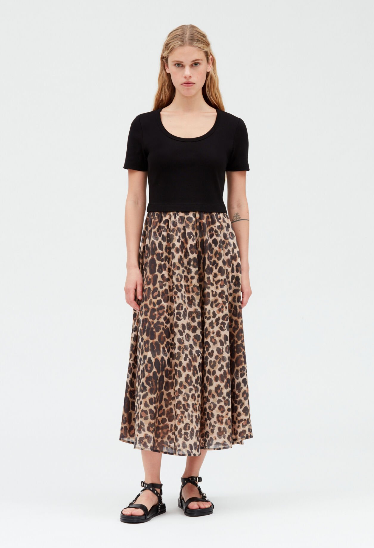 Bi-material leopard midi-dress