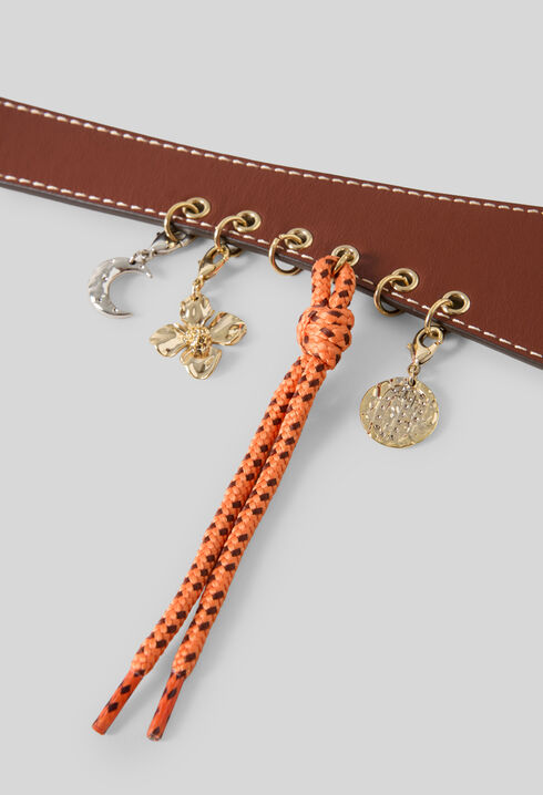 Leather eyelet belt with charms